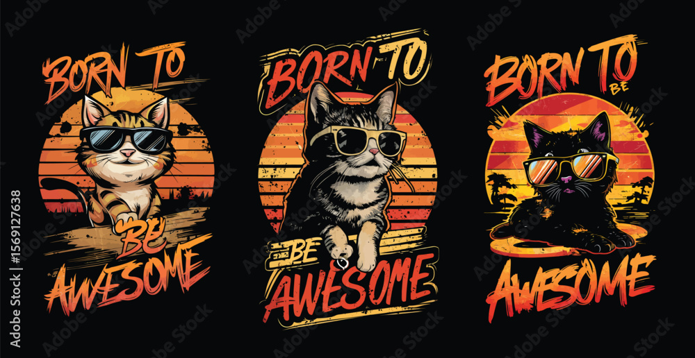 Naklejka premium Cool cats wearing sunglasses with retro sunset and palm trees