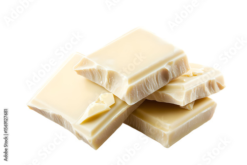 Delicious and creamy white chocolate pieces stacked on a black background