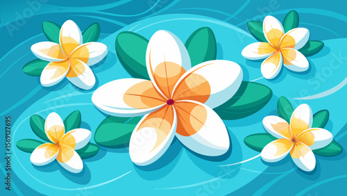 Vector art of white and yellow plumeria flowers float serenely on blue rippling water