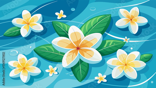 Vector art of white and yellow plumeria flowers float serenely on blue rippling water