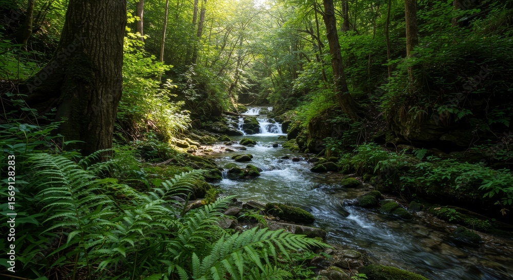 Fototapeta premium Sunlit Stream in Lush Green Forest