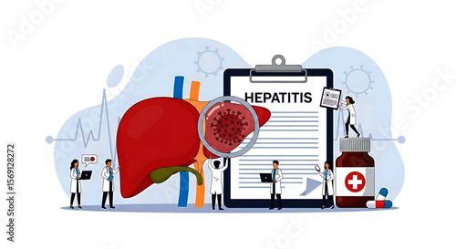 Hepatitis Illustration: Liver, Doctors, Magnifying Glass, Clipboard, and Medication