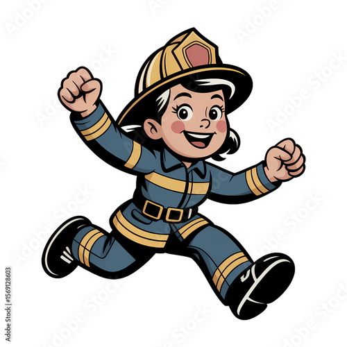 Happy child dressed as a firefighter running joyfully in an animated style during daytime