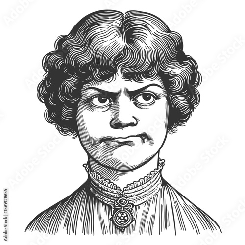 woman wearing Victorian clothing, displaying a skeptical, unimpressed facial expression sketch engraving generative ai fictional character vector illustration. Scratch board. Black and white image.
