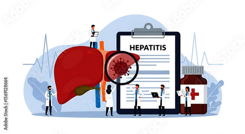 Hepatitis Diagnosis with Doctors Examining Liver and Virus