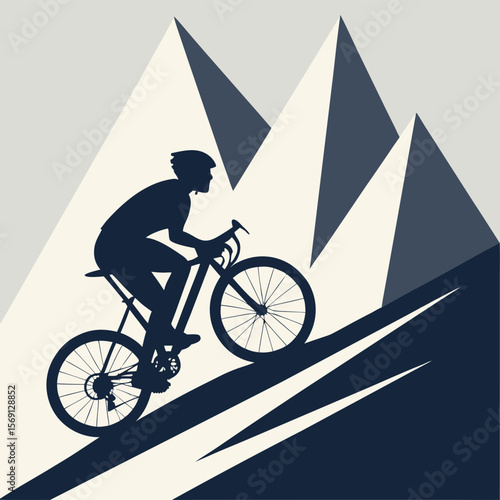 Silhouette of a cyclist riding uphill with mountain peaks in the background in a minimalist style image