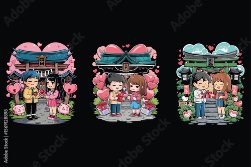 Couples exchanging gifts at Japanese shrines anime