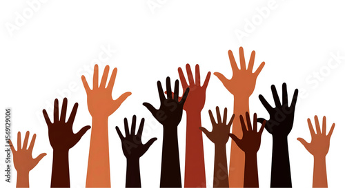 Diverse Hands Raised in Unity, Showing Various Skin Tones