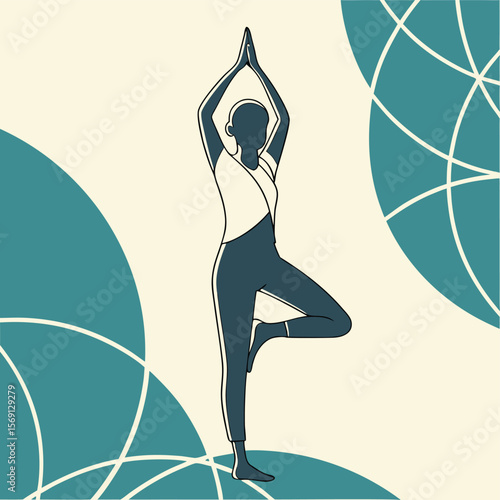 Illustration of a woman in tree pose with hands raised against a patterned background in teal and cream