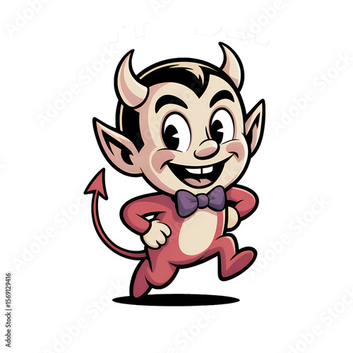 Cheerful Devil cartoon character with horns and a bowtie running playfully