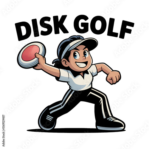 Young girl diskgolf player throws disc during a competitive match in a park on a sunny afternoon in spring
