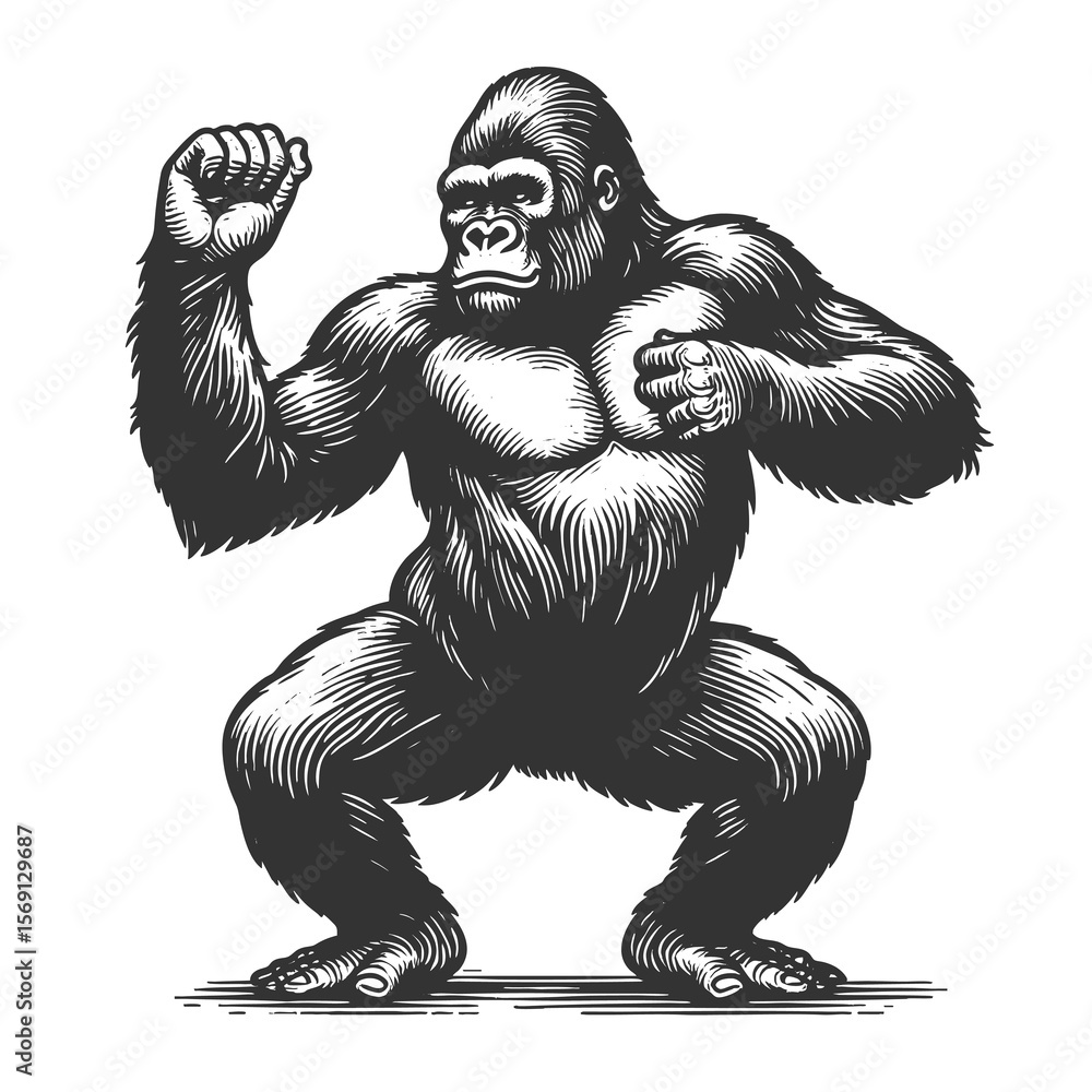 Fototapeta premium gorilla dancing sketch engraving generative ai fictional character raster illustration. Scratch board imitation. Black and white image.