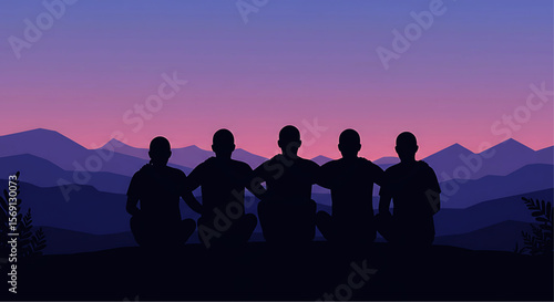Silhouetted Group of Friends Sitting Together, Arms Around Each Other