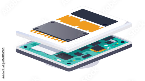 Isometric view of an exploded electronic device with visible circuit board components and layers