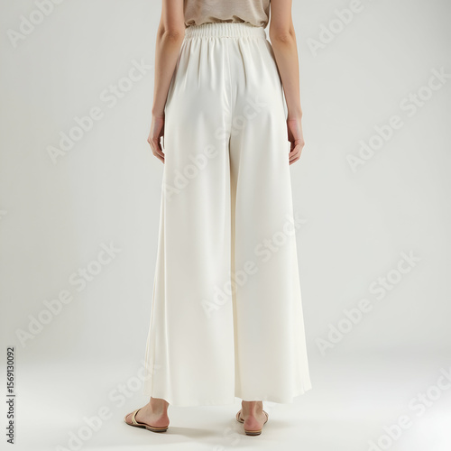 Woman Wearing White Wide Leg Pants Fashion Studio Shot