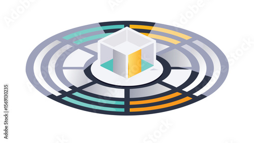 Isometric cube in center with circular segmented pattern around it in various colors and shades of gray