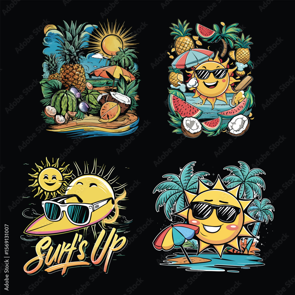 Obraz premium Sunny beach vacation tropical fruits pineapple watermelon