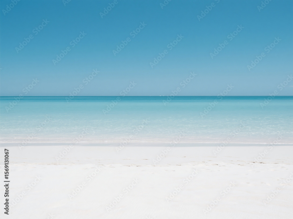 Obraz premium A minimalist scene of a pristine beach with pure white sand and clear turquoise water under a cloudless blue sky. Perfect for calming backgrounds, travel blogs, wellness brands