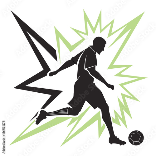 Silhouette of a soccer player kicking a ball with abstract shapes and light green accents around him