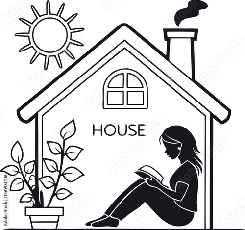 Black and White Minimalist House Interior Woman Reading Book Plant Pot Sun illustration