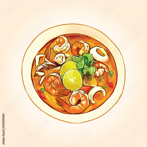 Tom yum kung thai food hot and spicy soup vector