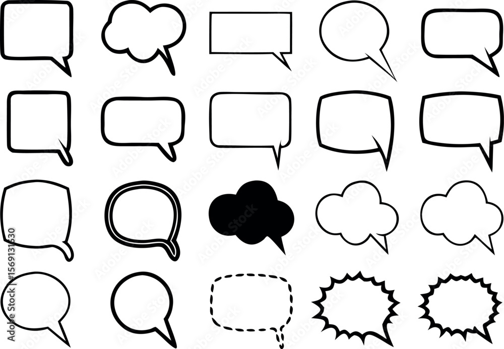 Obraz premium Twenty Five Blackand White Outlined Speech Bubbles Various Shapes Sizes Set Line Art Icons Graphic Design Elements