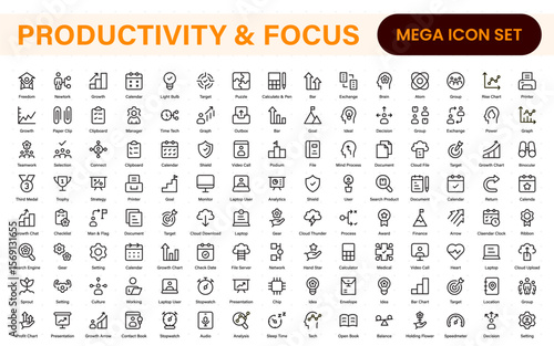 Productivity  icon collection. Set line icons with editable stroke. Business planning, success, goal achievement. Charts, communication, chat, speedometer