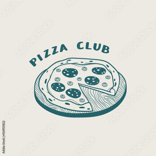 Hand drawn outline illustration of Italian pizza with quote. Linear poster with Mediterranean traditional baked food in sketch style. Vintage doodle design for kitchen wall art, print, t-shirt, card
