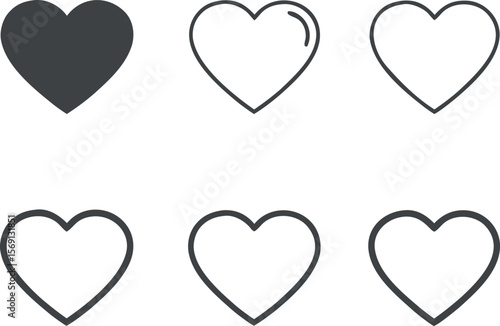 Six Gray Heart Icons Set Solid Filled Outline Variations Simple Graphic Design Elements