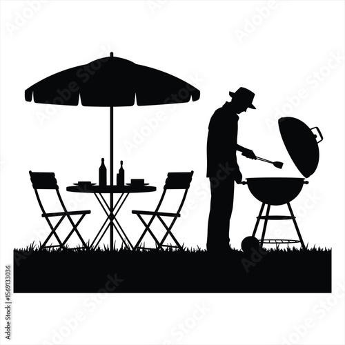Man grilling food outdoors under umbrella with table and chairs silhouette