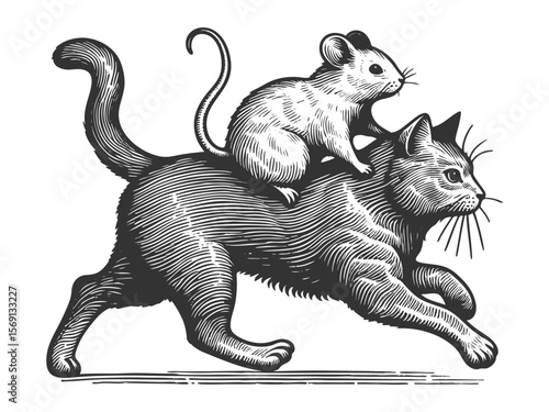 mouse riding a galloping cat like a horse sketch engraving generative ai fictional character vector illustration. Scratch board imitation. Black and white image.