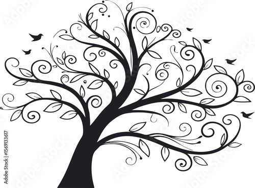 Black and White Stylized Tree Illustration Swirling Branches Leaves Small Birds Simple Line Art Graphic Design Element
