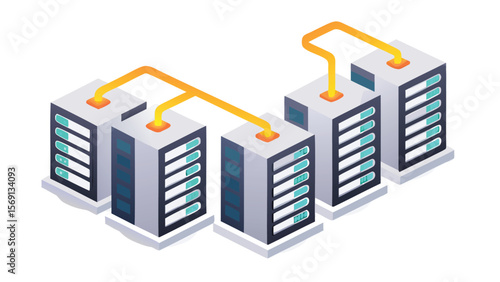 Isometric view of connected server racks with data indicators and cable connections shown clearly