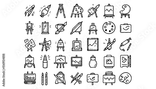 A set of 24 minimalist line art icons themed around painting and art. Each icon is drawn in clean, thin black outlines with uniform stroke width on a light background
