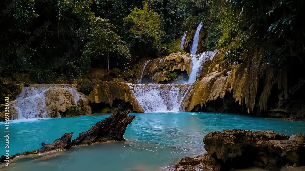 Fototapeta premium Cascading waterfall adventure tropical rainforest nature photography lush environment serene viewpoint natural beauty exploration