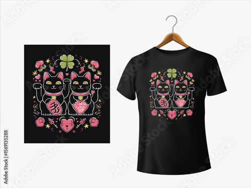 Lucky Cats Clover Hearts Stars maneki neko black cat
