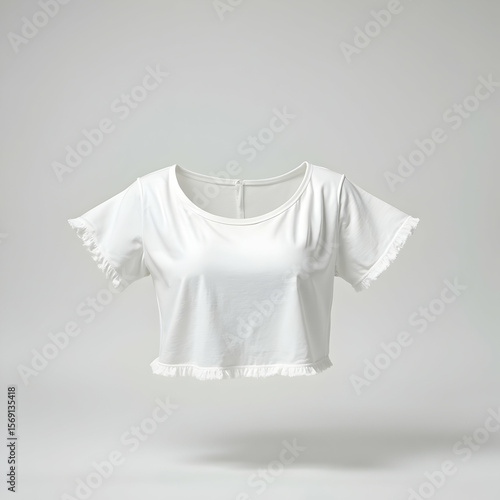 White Crop Top with Frill Details Floating in Studio
