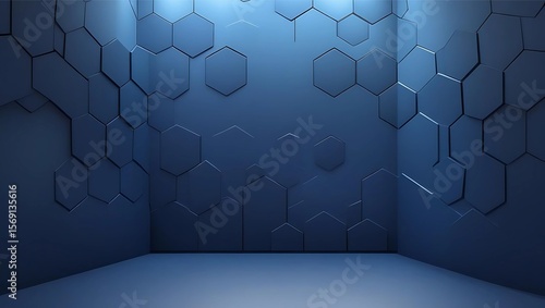 Empty, dark blue room with hexagonal patterned walls, lit by spotlights.