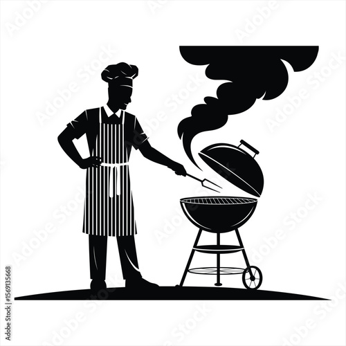 Chef grilling food on a barbecue with smoke silhouette