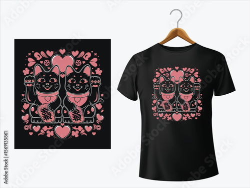 Black cats with pink hearts and lucky charms maneki neko
