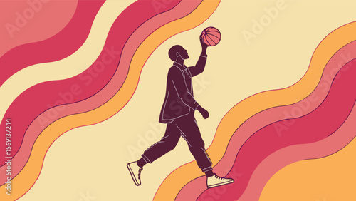 Basketball player silhouette dunking with retro wavy background illustration vector art design