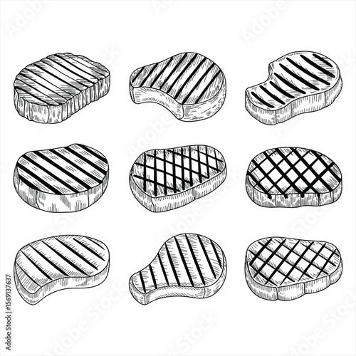 Collection of grilled steak cuts with grill marks silhouette