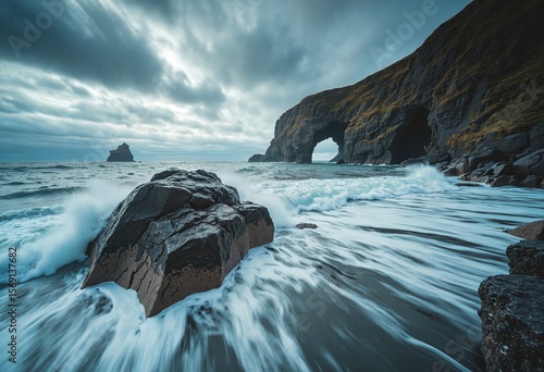 Coastal landscape in dramatic style, showcasing the raw power and beauty of the ocean