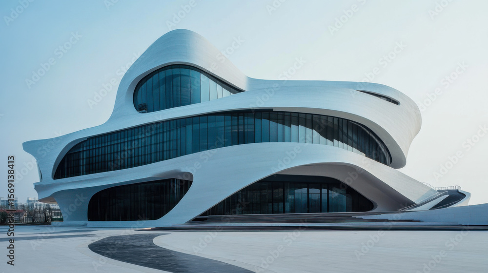 Fototapeta premium Modern architectural design showcases flowing white lines and large glass windows in an urban setting