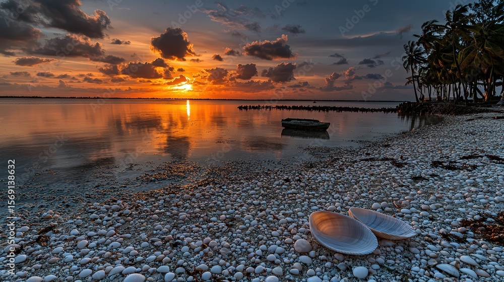 Obraz premium Stunning sunset over calm shoreline with shells tropical beach nature photography tranquil environment wide angle view