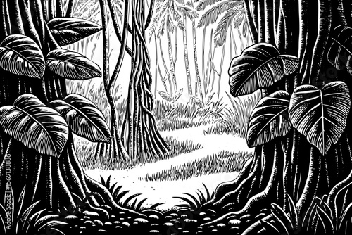 A humid mountain rainforest with oversized leaves, tangled roots, and tropical undergrowth a black and white line art illustration