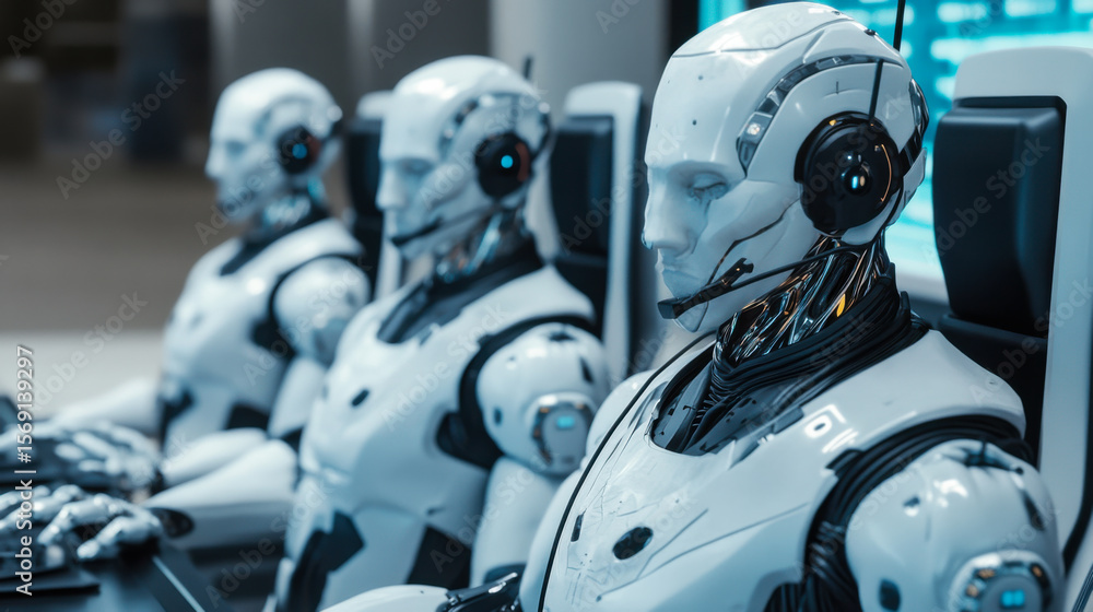 Robots engaged in complex tasks within a high-tech control room during a futuristic setting Robots engaged in complex tasks within a high-tech control room during a futuristic setting