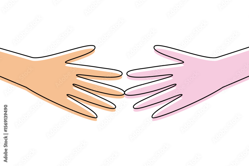 Two colored hands reaching out to each other. Vector symbol. Two colored hands reaching out to each other. Vector symbol.
