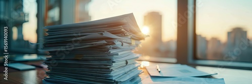 A large stack of papers and documents in the office on the desk. Accounting documents, tax reports.