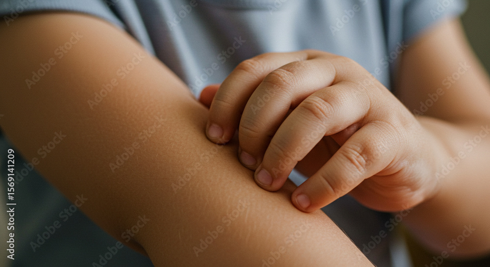 Fototapeta premium Child scratching arm while wearing a blue shirt indoors 